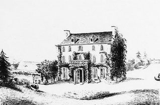Gravure du XIXe réalisée à partir d'une aquarelle conservée au Musée George Sand de La Châtre, représentant la façade sud du Coudray.