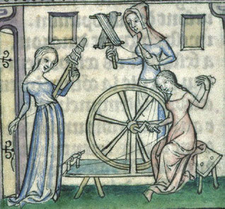 La quenouille et le rouet sont réservés aux femmes - Enluminure, 1385 (BM Lyon)