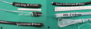Picture showing two typs of drainages A: common open-pore foam drainages (OPD) with diameter of 1,5 cm; B: new open-pore film drainage (OFD) with small-bore diameter of 4-6 mm, only!