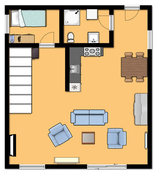 Grundriss Erdgeschoss mit Wohn-Essbereich, Schlafzimmer und Treppenaufgang