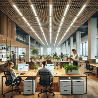 Helles, ergonomisches Büro mit moderner LED-Beleuchtung. Energieeffiziente Lichtlösungen für produktives Arbeiten