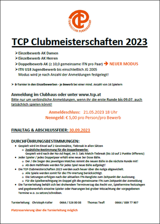 Ausschreibung TCP Clubmeisterschaften