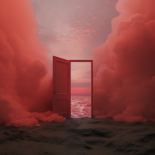 Eine rote offene Tür am Strand im Sand stehend in einem roten Himmel mit Wolken, umgeben von grossen roten Rauchwolken, vor der Türe ist dunkler Sand durch die Türe sieht man das Meer
