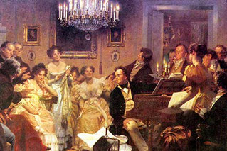 Franz Schubert (1797-1828), génie précoce et fulgurant, entouré d’un cercle d’amis tissant autour du musicien solitaire un réseau protecteur. Ce groupe tirera son nom du compositeur qui en est le centre et l’âme ; ce seront les célèbres "schubertiades"