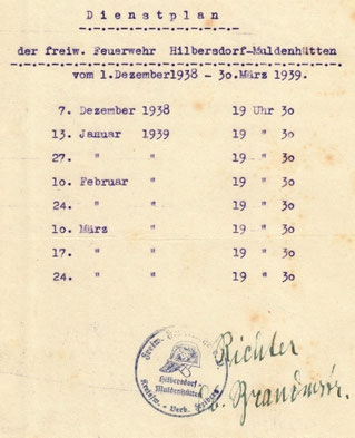 Dienstplan für das Winterhalbjahr 1938/ 1939