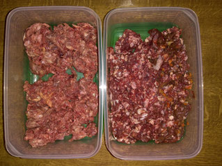 Rindfleisch - haustierkost links, Schlachthof rechts