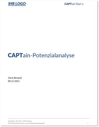 Beispiel für das Titelblatt der Auswertung CAPTainTest® client solution; Von der Gestaltung der Auswertung, über inhaltliche Anpassungen bis hin zu zusätzlichen Dienstleistungen. Die CNT GmbH kann auf Ihre Anforderungen einzugehen.