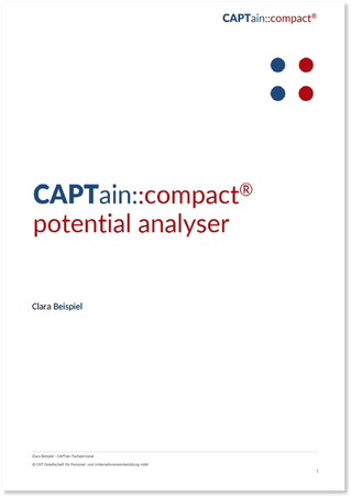 Beispiel für das Titelblatt der Auswertungsvariante CAPTain::compact® potential analyser: Liefert einen Überblick über berufsrelevante Verhaltenskompetenzen vor dem Hintergrund elf typischer Stellenanforderungen