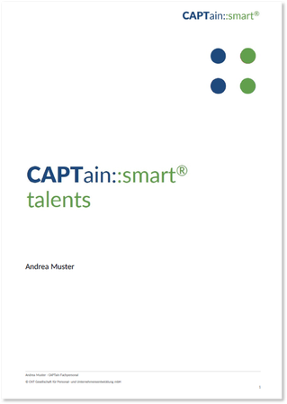 Beispiel für das Titelblatt der Auswertungsvariante CAPTain::smart® talents: Gibt Auskunft darüber, in welche Entwicklungsrichtung eine Person heute am ehesten tendiert, welches Lern- und Entwicklungspotenzial vorhanden ist