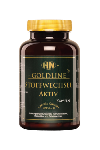 Grüne Packung mit goldenem Deckel und HN-GOLDLINE-Logo mit Aufschrift STOFFWECHSEL AKTIV Kapseln
