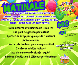 Tarifs anniversaires Les Ptits Fous : Formule Matinale a partir de 60€, 2h sur place avec animations enfants, jeux géant – Animation festive pour enfants en Normandie