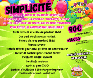 Tarifs anniversaires Les Ptits Fous : Formule simplicité a partir de 90€, 2h30 sur place avec animations enfants, jeux géant – Animation festive pour enfants a flers