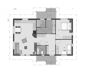 EG -Grundriss - Blockhaus Bungalow 90 mit Gästezimmer oder Homeoffice - Sauna - Barrierefreiheit - 50plus haus -  Singlehaus - Massivholzhaus - Grundriss - Entwurf - Typenhaus - Architektenhaus