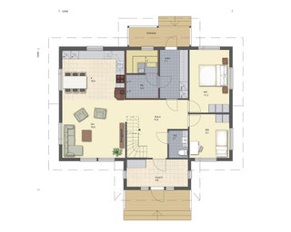 Erdgeschoss Grundriss Hausentwurf - Entwurf mit Wohnküche, Flur, Windfang, Arbeitszimmer oder Gästezimmer, Schlafzimmer, HWR, Sauna, Bad - Holzhäuser in Hessen - Marburg Offenbach am Maion Rüsselsheim Wiesbaden - Wetzlar - Sauerland - Heppenheim