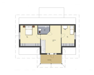 Blockhaus - Obergeschoss Grundriss Hausentwurf - Entwurf mit zwei Schlafzimmer, Dusche, Lobby mit Balkon