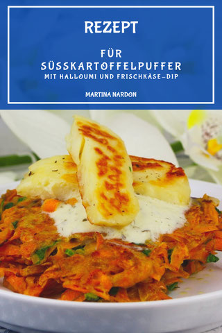 Süßkartoffelpuffer mit Halloumi und Frischkäse-Dip