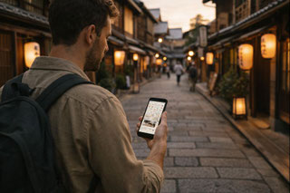 Traveler exploring a traditional Japanese town street and planning a wagyu dining experience.