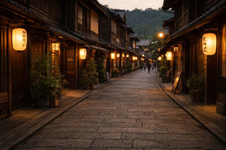 Traditional streets of Takayama at dusk, creating a memorable setting for a wagyu dinner.