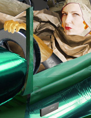 STEPHANIE GUSE  „Willhaben: De Lempicka”, Portrait der Künstlerin Susanna Schwarz, Wien (nach Tamara De Lempicka „Tamara im grünen Bugatti”, 1929) , Fotoabzug auf Aludibond hinter Acryl, 2018, 35x27cm