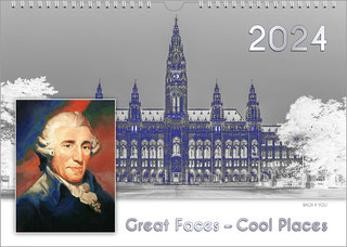 Es ist ein Kalendertiel in Blau und Grau. Links ist in einem kleinen Rechteck Haydn in natürlichen Farben abgebildet. Oben rechts ist die Jahreszahl, unten ist der Kalendertitel.