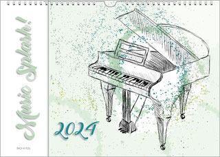 Ein gezeichneter Flügel ist in den rechten drei Vierteln zu sehen. Darüber ist Dekoration in Grün. Links ist eine senkrechte weiße Fläche, auf der der Titel des Musikkalenders steht. Unten ist das Jahr.