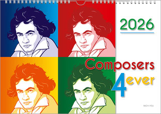Ein Querformat-Komponistenkalender präsentiert Beethoven in vier Quadraten im Warhol-Stil. Er ist bunt, alle vier Bilder sind die selben mit unterschiedlichen Farben. Oben rechts ist das Jahr, mittig rechts der Titel.