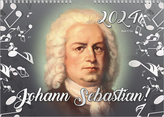 Eines der weniger bekannten Porträts of J.S. Bach. Er schaut zum Betrachter. Links und rechts sind weiße Noten auf dunkelgrauem Untergrund. Es ist ein Bach-Kalender.