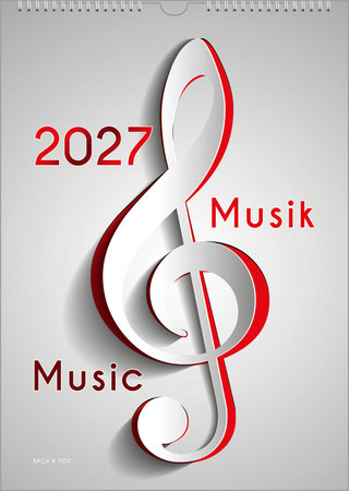 Ein Hochformatkalender im Bach-Shop. es ist ein Musikkalender. Über die ganze Höhe ist ein Notenschlüssel in Rot und Weiß. Links ist die Jahreszahl, in der Mitte und unten der Titel.