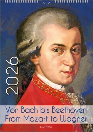 Mozart schaut den Betrachter an: Es ist ein Hochformat-Komponisten-Kalender. Es ist im Öl-Stil dem Original absolut nachempfunden, hat aber einen blauen Hintergrund. Links ist aufrecht die Jahreszahl, darunter ist der Titel. in einem milchigen Band.