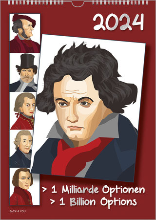 Das Kalendertitelblatt im Hochformat besteht aus einem sehr großen Cartoon von Beethoven auf rotem Grund und links vier weiteren kleineren Bildern anderer Komponisten. Oben ist groß die Jahreszahl, unten ist der Titel.