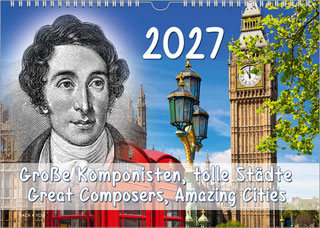 Links auf dem Komponisten-Kaleder ist Weber als Holzstich, rechts ist es ein Livefoto von Big Ben in London. Oben ist riesig die Jahreszahl, unten in einem milchigen Bach der Titel.