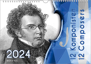 Ein Komponistenkalender im Bachshop. Links ist ein Holzstich von Schubert, rechts eine grafisch verfremdete blaue Geige. Links ist in weiß die Jahreszahl. Rechts, in Blau, der Titel.
