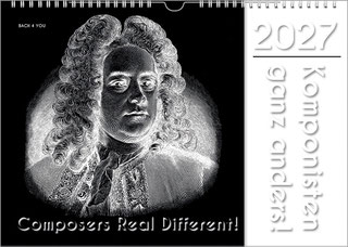 Ein inverses schwarzweißes Motiv von Händel ziert die linken zwei Drittel eines Komponisten-Kalenders. Rechts, auf weiß steht oben die Jahreszahl, darunter, aufrecht, der Titel.