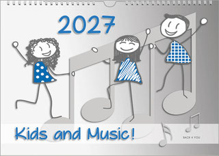 Drei gemalte Strichmännchen tanzen auf diesem Musikkalendertitel im Querformat. Hinter ihnen ist eine riesige Note. Oben steht die Jahreszahl, unten der Kalender-Titel.