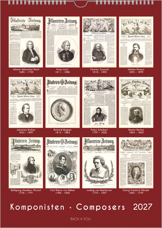 Der historischste Komponisten-Kalender im Bach-Shop: Zwölf historische Wochenzeitungs-Titel haben jeweils ein Bild zu einem Komponisten auf der Seite. Der Hiintergrund ist rostrot, unten ist der Titel und die Jahreszahl.