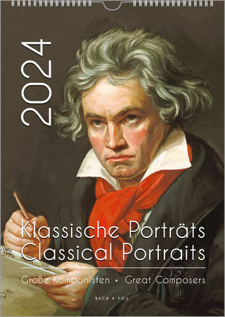 Ein hochformatiger Komponisten-Kalender. Auf braunem Untergrund ist das berühmte Bild von Beethoven mit weißem Kragen und rotem Schal. Oben links und um 90 Grad gedreht ist das Jahr, unten rechts der Kalendertitel.