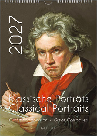 Ein hochformatiger Komponisten-Kalender. Auf braunem Untergrund ist das berühmte Bild von Beethoven mit weißem Kragen und rotem Schal. Oben links und um 90 Grad gedreht ist das Jahr, unten rechts der Kalendertitel.
