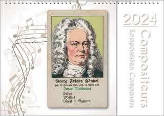 Ein querformatiger Komponisten-Kalender. Auf weißem Untergrund ist in der Mitte eine historische Quartett-Karte mit Händel. Links sind hellgraue Noten grafisch verspielt, rechts ist das Kalenderjahr und der Titel.
