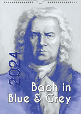 Der Kalendertitel ist Bach in blauen und grauen Tönen. Es ist ein unbekanntes Motiv von Bach. Links steht aufrecht die Jahreszahl, unten im Gesamtmotiv der Titel.