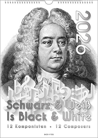 Ein hochformatiger und schwarzweißer Komponisten-Kalender. Vollflächig ist es ein Holzstich von Händel. Unten sind weiße Noten, oben rechts die Jahreszahl und unten am Rand der Titel.