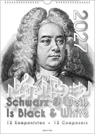 Ein hochformatiger und schwarzweißer Komponisten-Kalender. Vollflächig ist es ein Holzstich von Händel. Unten sind weiße Noten, oben rechts die Jahreszahl und unten am Rand der Titel.