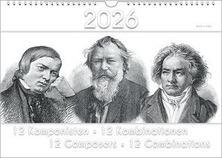 Zu diesem Kalendertitel hat Mt. Rushmore in den USA inspiriert. Waagrecht sind in der Mitte drei Holstiche von Schubert, Branhms und Beethoven. In zwei waagrechten weißen Flächen oben und unten steht oben die Jahreszahl, unten der Titel.