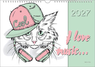 Ein niedliche Katze mit cooler Kappe und tollem Kopfhörer schaut zum Betrachter. Auf diesem querformatigen Kinderkalender ist rechts ein hellgrünes Feld und oben die Jahreszahl sowie unten der Titel.
