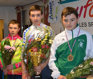Podium 100% ECVA - Romain GUERLIN (Champion départemental) au centre, Thomas LAMAND (2nd) à droite et Romann LEGAL (3ème) à gauche
