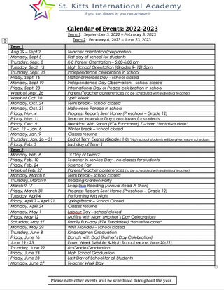 2022-2023 School Calendar - St. Kitts International Academy