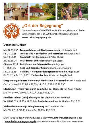 Kursplan am Ort der Begegnung - Seminare, Workshops, Coaching & Therapie. Angebote zu Yoga, Mediation, Achtsamkeit & Persönlichkeitsentwicklung. Jetzt anmelden"!