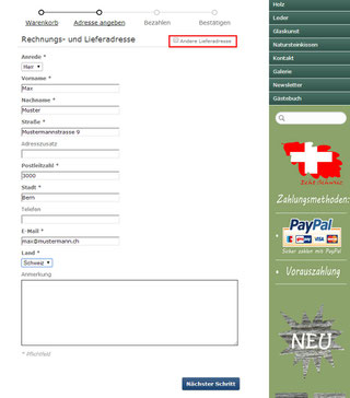 Geben Sie Ihre Daten ein. Sie können entscheiden ob die Rechnungsadresse unterschiedliche zur Lieferadresse sein soll.