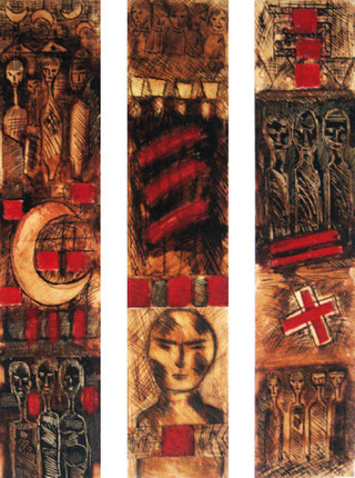 Signes retrouvés,  triptych 3x70x15 cm , Mixed media on paper.