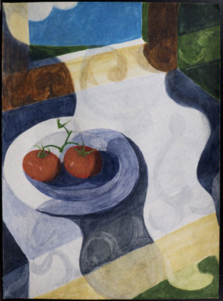 francois beaudry watercolor and gouache painting still life tablecloth plate tomatoes motif blue table series study 5