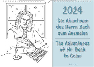 A Bach calendar for children in the Bach Shop. On the left is a drawing on a white background: It is J.S. Bach. On the right is the year at the top and the calendar title below.